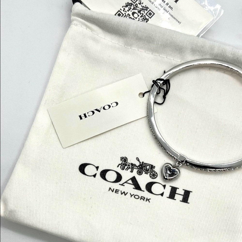Coach Silver Crystal Heart Charm Hinged Bangle Bracelet NWT $125 MSRP & Dust Bag - Picture 4 of 11